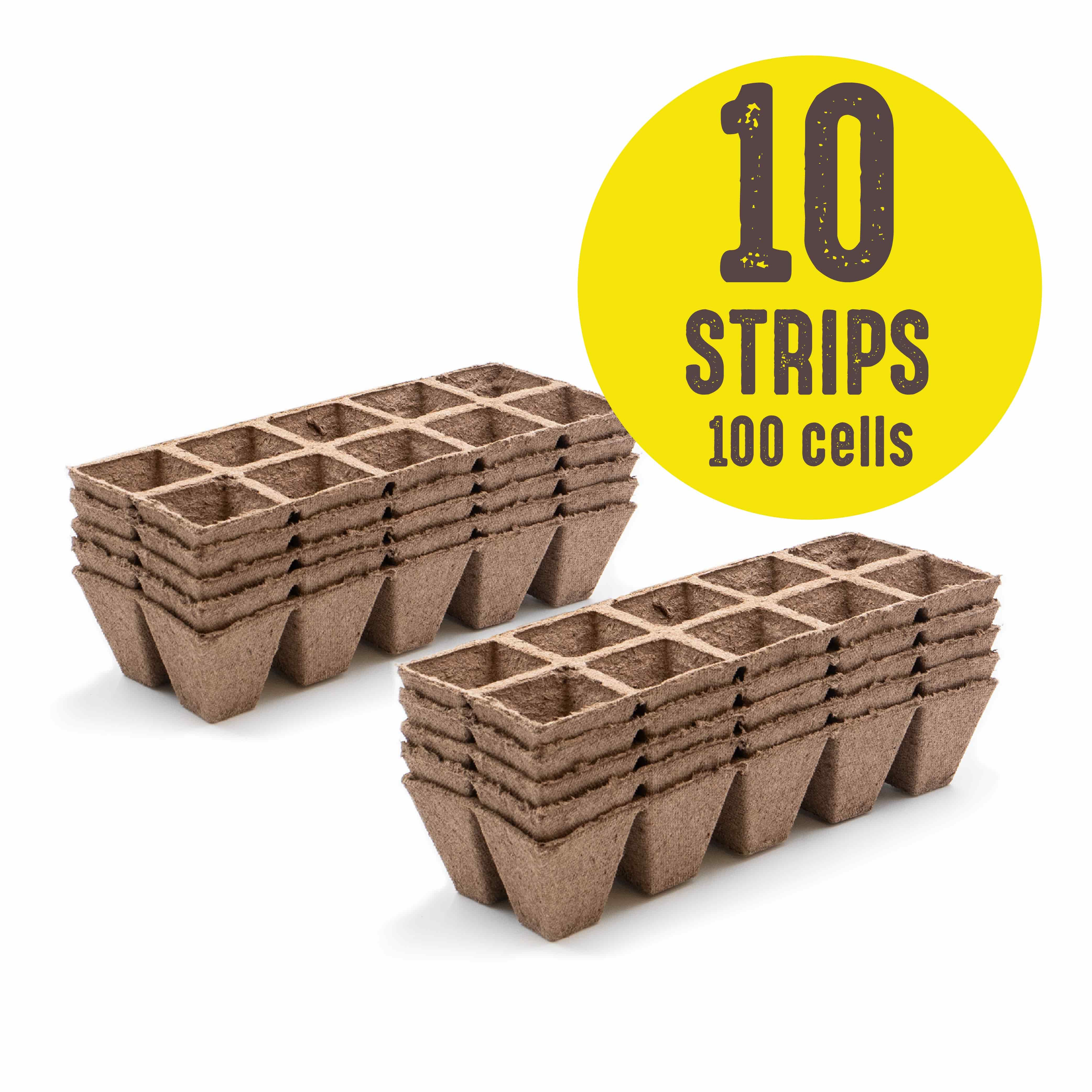 Stacks of brown biodegradable peat strips arranged in a grid pattern, each strip forming individual cells for seed starting.